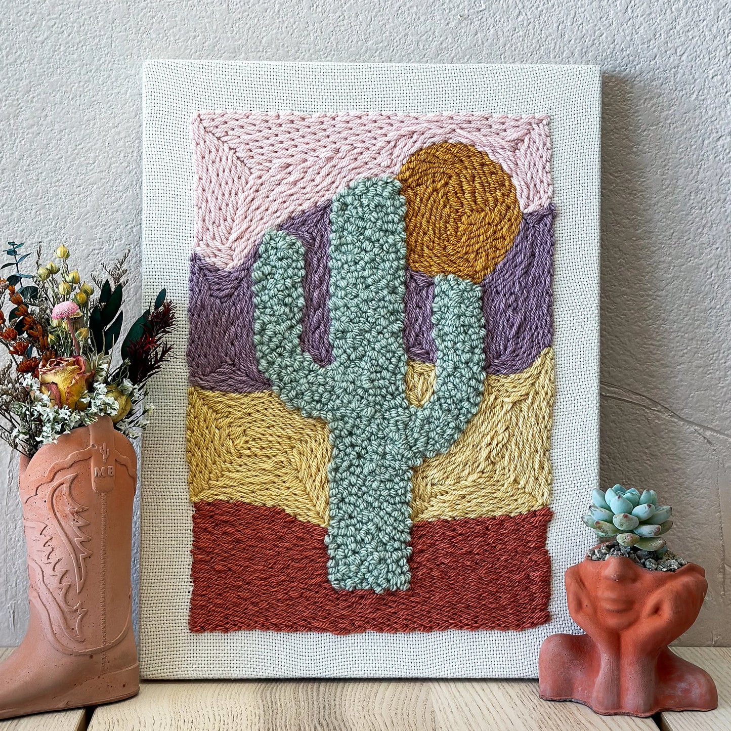 Saguaro and Sun Punch Needle Wall Hanging